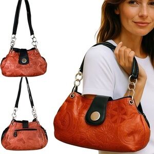 Two Hearts Embossed Leather Style Handbag Black & Brown Double Strap